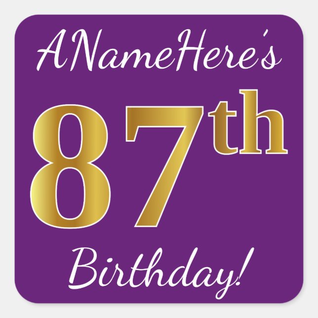 Sticker Carré Purple, Faux Gold 87e anniversaire + Nom personnal (Devant)