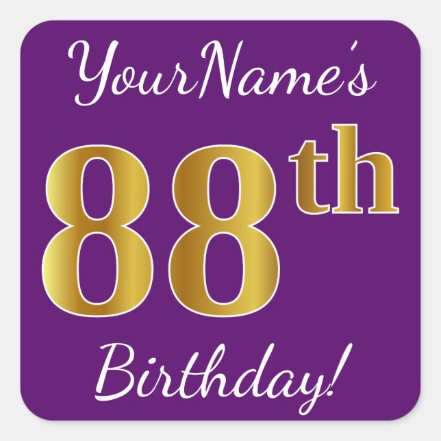 Sticker Carré Purple, Faux Gold 88e anniversaire + Nom personnal (Devant)