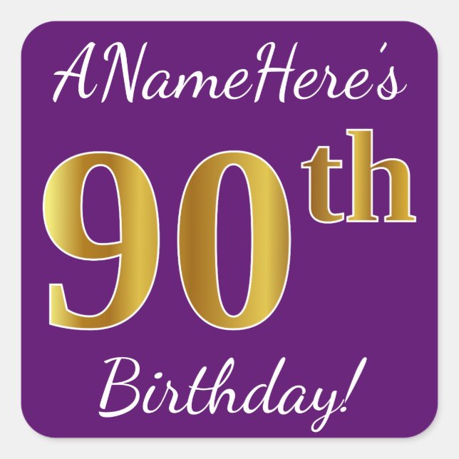 Sticker Carré Purple, Faux Gold 90e anniversaire + Nom personnal (Devant)
