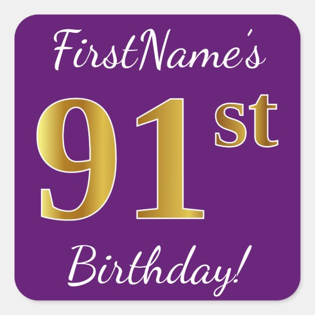 Sticker Carré Purple, Faux Gold 91ème anniversaire + Nom personn (Devant)