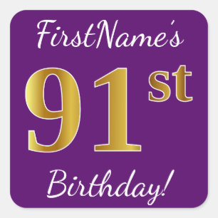 Sticker Carré Purple, Faux Gold 91ème anniversaire + Nom personn