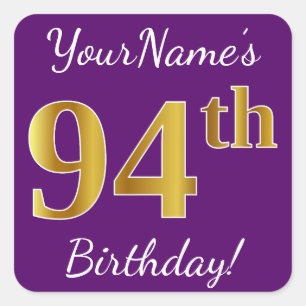 Sticker Carré Purple, Faux Gold 94e anniversaire + Nom personnal