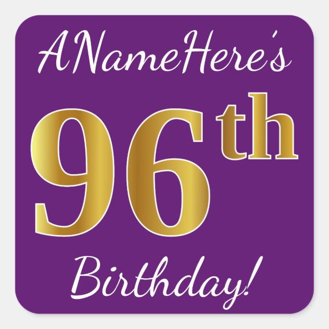 Sticker Carré Purple, Faux Gold 96e anniversaire + Nom personnal (Devant)