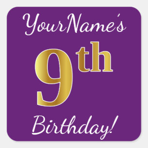 Sticker Carré Purple, Faux Gold 9e anniversaire + Nom personnali