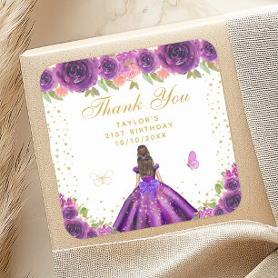 Sticker Carré Purple Floral Brunette Princess Anniversaire