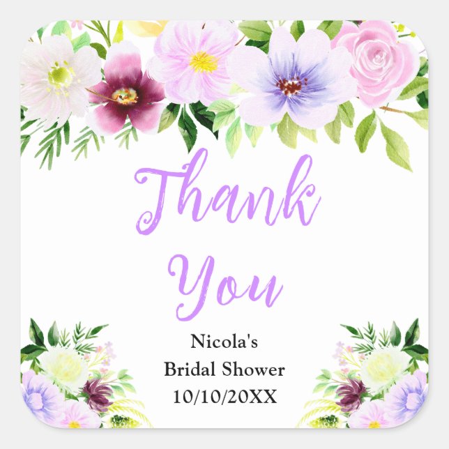 Sticker Carré Purple Flowers and Foliage Bridal Shower Thank You (Devant)