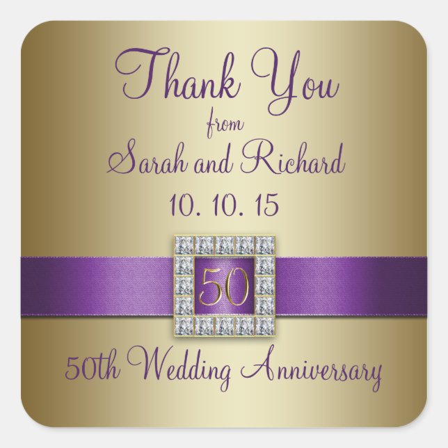 Sticker Carré Purple Gold 50e Mariage Anniversaire Merci (Devant)