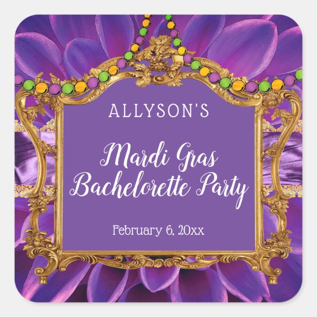 Sticker Carré Purple Gold Elegant Mardi Gras Bachelorette Party (Devant)