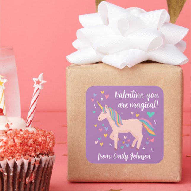 Sticker Carré Purple Magique Unicorn Enfants Classe Valentine (Fête)