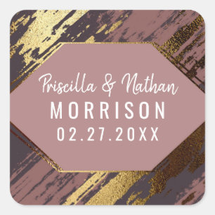 Sticker Carré Purple Mauve Gold Brushstrokies Mariage moderne
