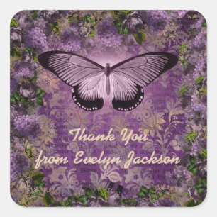 Sticker Carré Purple Moth Floral Journal Ephemera Merci