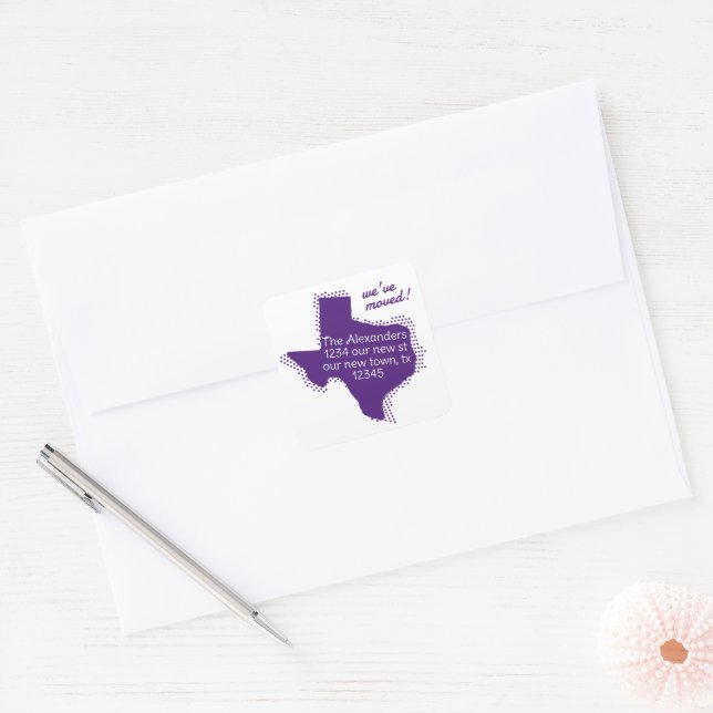 Sticker Carré Purple Nous Avons Déménagé - Dotted Texas Moving (Enveloppe)