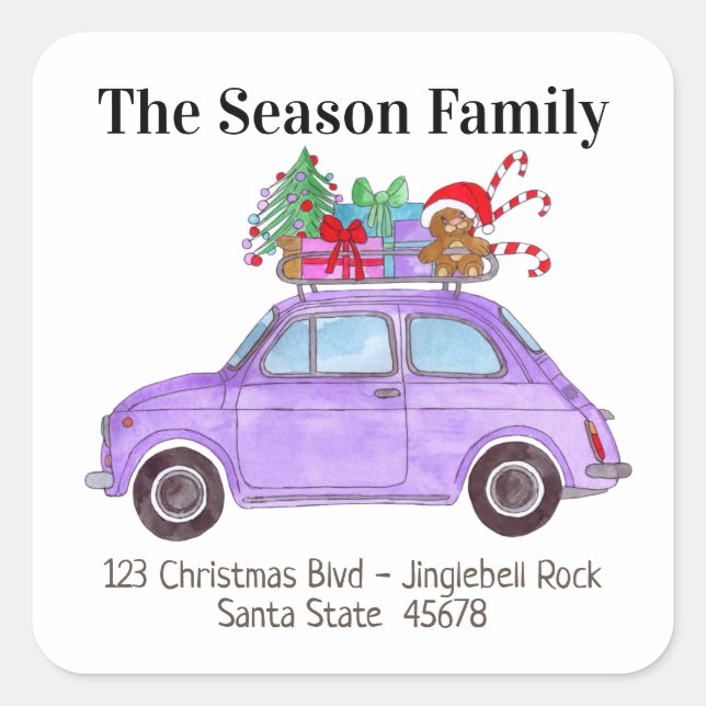 Sticker Carré Purple Retro Fiat 500 avec cadeaux de Noël (Devant)