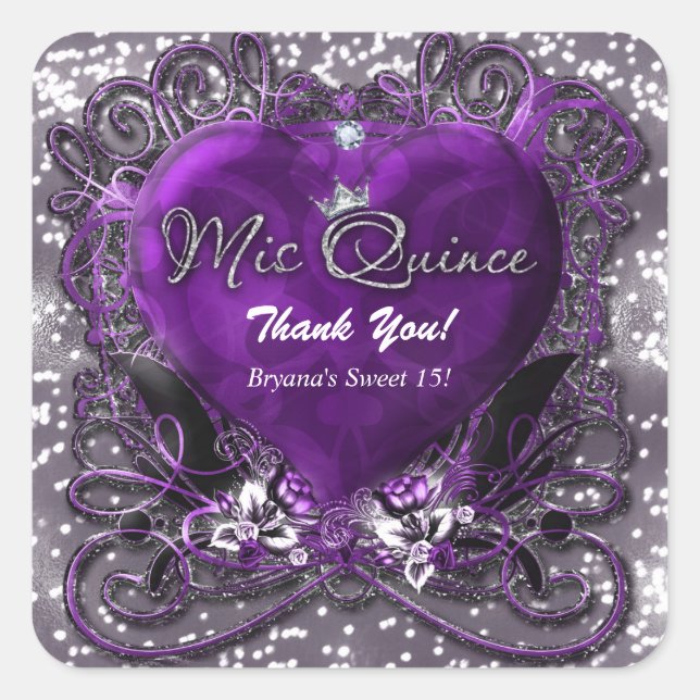 Sticker Carré Purple & Silver Heart Sparkle Mis Quince 15 Party (Devant)