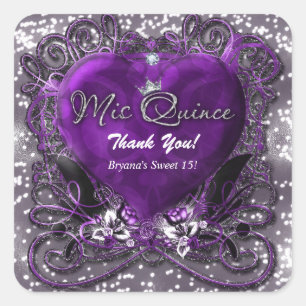 Sticker Carré Purple & Silver Heart Sparkle Mis Quince 15 Party