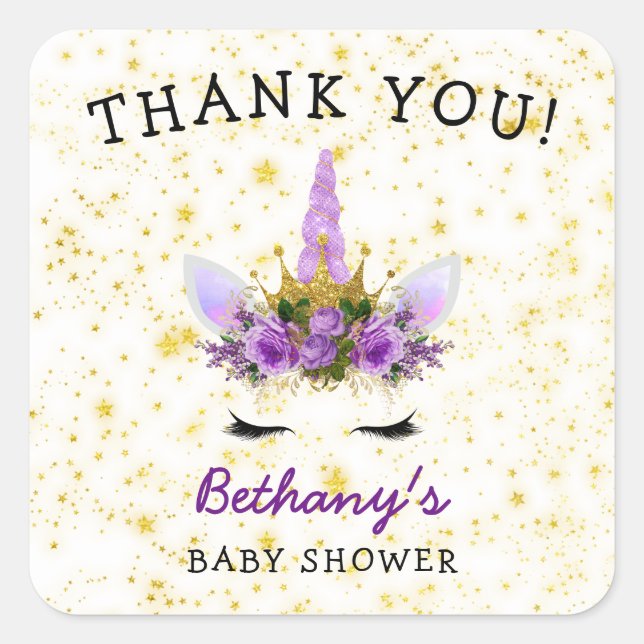 Sticker Carré Purple Unicorn Baby shower faveur merci (Devant)