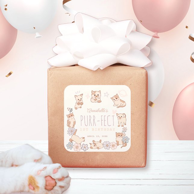 Sticker Carré Purr-fect Cute Cats Floral Girl 1er anniversaire (Créateur téléchargé)