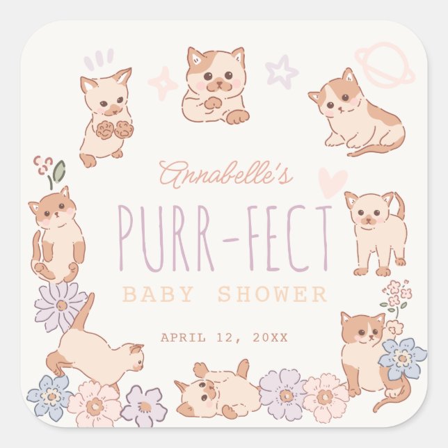 Sticker Carré Purr-fect Cute Cats Floral Girl Baby shower (Devant)