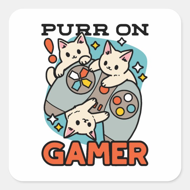 Sticker Carré Purr On Gamer - Conception De Jeu De Chat Cute (Devant)