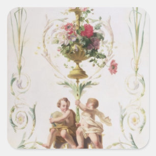 Sticker Carré Putti parmi des butins des fleurs et du feuille