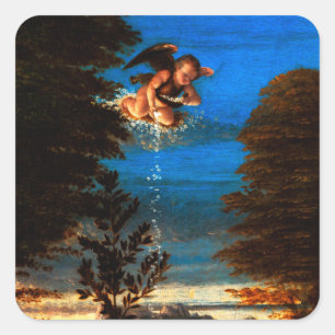 Sticker Carré Putto In Blue Sky déverse une cascade de fleurs bl