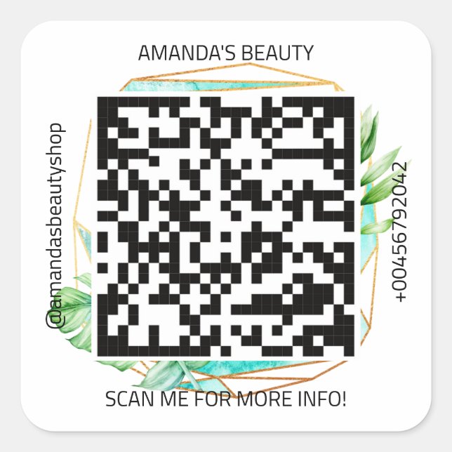 Sticker Carré QR Code Nom promotionnel Contact Web Tropical Gold (Devant)