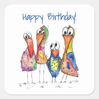 Sticker Carré Quatre Beaux Oiseaux Whimsical Colorés