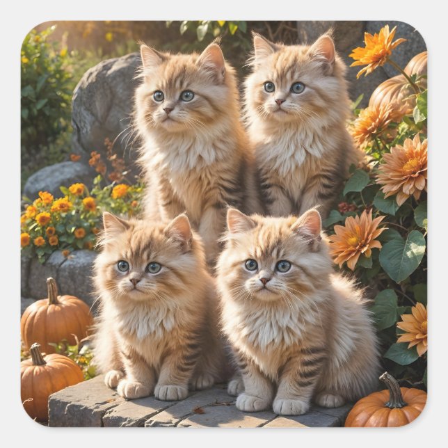 Sticker Carré Quatre chatons d'automne en feuillu avec Citrouill (Devant)