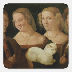 Sticker Carré Quatre personnes rient à la vue d'un chat