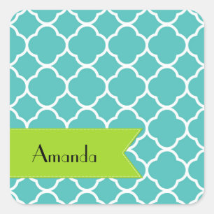 Sticker Carré Quatrefoil Bleu, Trellis Marocain, Votre Nom