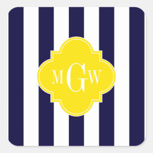 Sticker Carré Quatrefoil jaune rayé blanc de la marine 3 Monogra