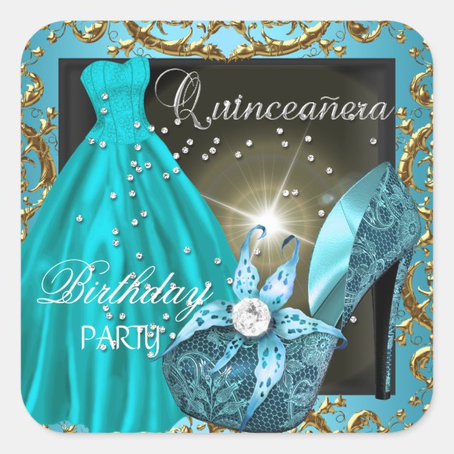 Sticker Carré quinceanera 15e anniversaire fête robe Turquoise G (Devant)