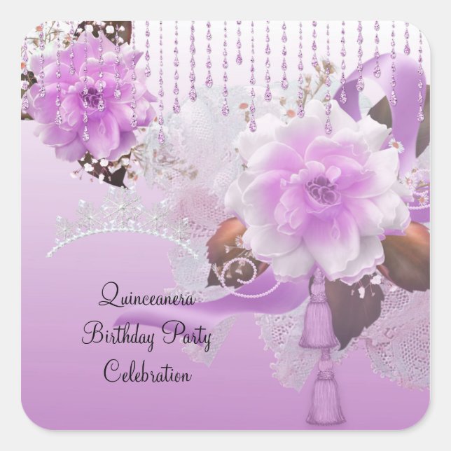 Sticker Carré Quinceanera 15e Lilac rose floral blanc (Devant)