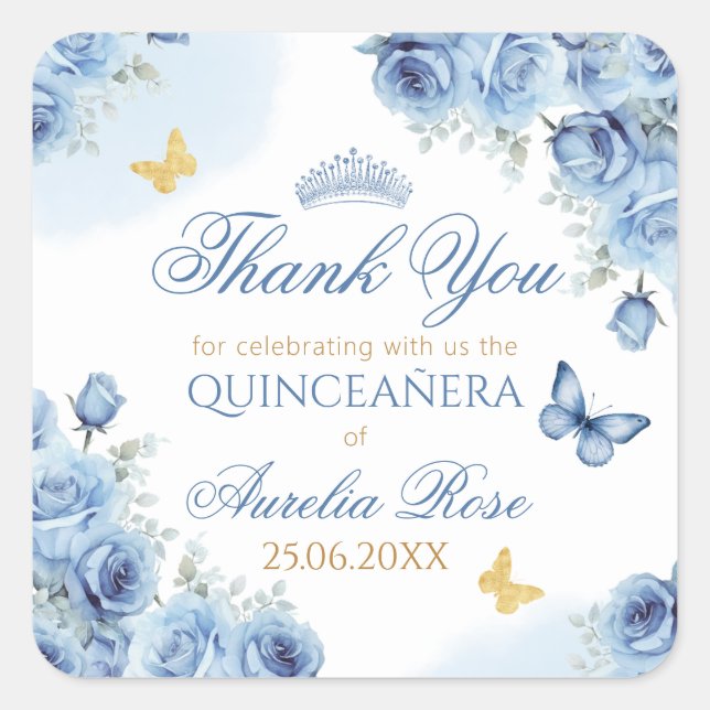 Sticker Carré Quinceañera Blue Floral Gold Butterfly Tiara (Devant)