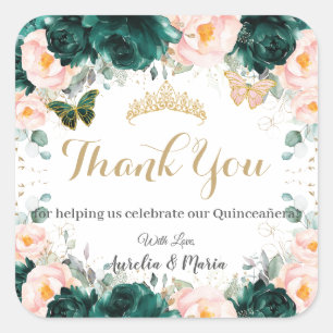 Sticker Carré Quinceañera Emerald Green Blush Floral Twins