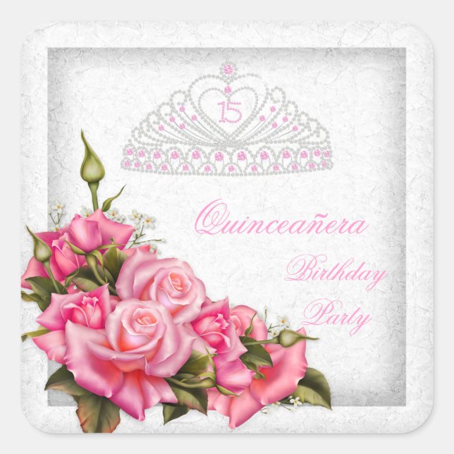 Sticker Carré Quinceanera Jolie rose Roses Blanche 15ème Parti (Devant)