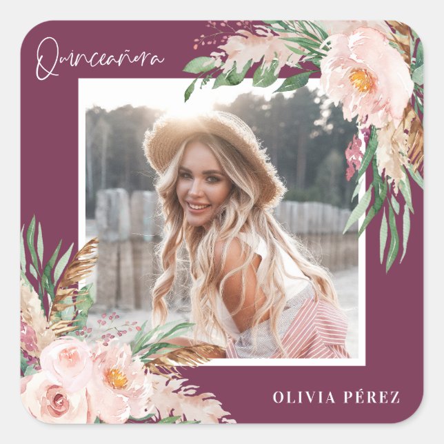 Sticker Carré Quinceañera Pink girly floral photo anniversaire S (Devant)