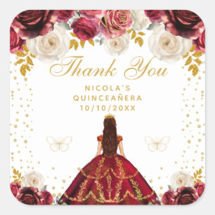 Sticker Carré Quinceañera princesse florale rouge