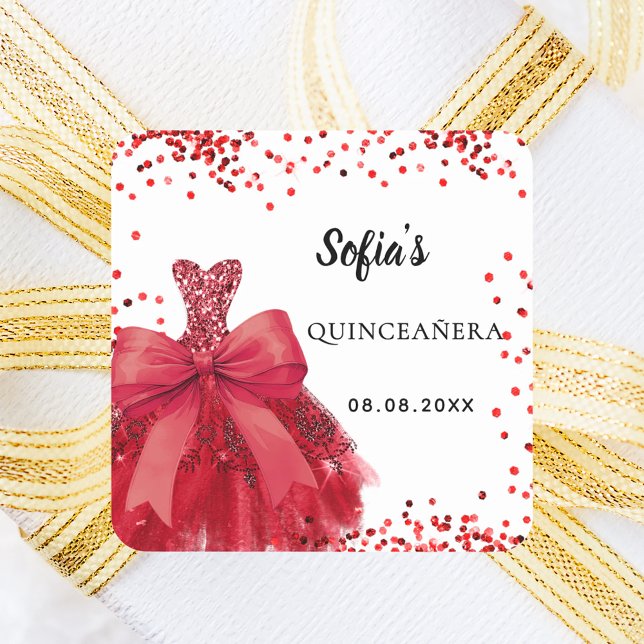 Sticker Carré Quinceanera robe rouge arc blanc (Créateur téléchargé)
