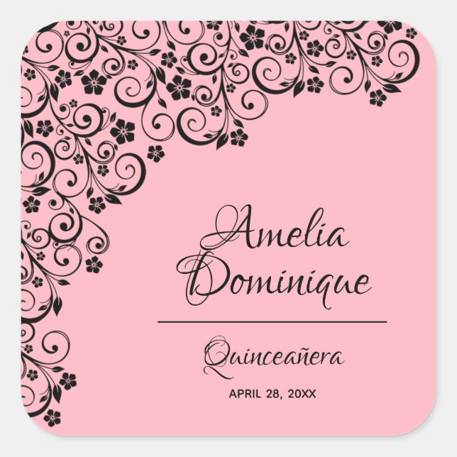Sticker Carré Quinceañera rose et noir (Devant)