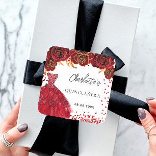 Sticker Carré Quinceanera rouge fleurs de robe blanc