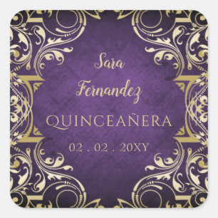Sticker Carré Quinceanera rustique violet or élégant