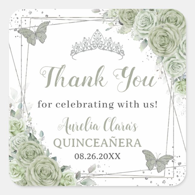 Sticker Carré Quinceañera Sage Green Floral Papillons en argent (Devant)