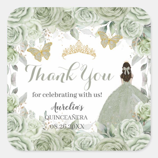 Sticker Carré Quinceañera Sage Green Floral Princess Papillons (Devant)