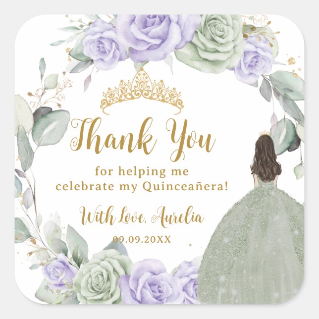 Sticker Carré Quinceañera Sage Vert violet Lilac Or Floral (Devant)