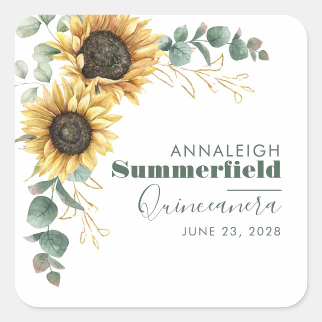 Sticker Carré Quinceanera Tournesol Eucalyptus 15e Anniversaire (Devant)