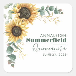 Sticker Carré Quinceanera Tournesol Eucalyptus 15e Anniversaire