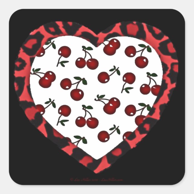 Sticker Carré RAB Rockabilly Cherries Coeur Empreinte de léopard (Devant)