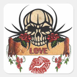 Sticker Carré RAB Rockabilly Crâne Roses Amour Rouge à lèvres