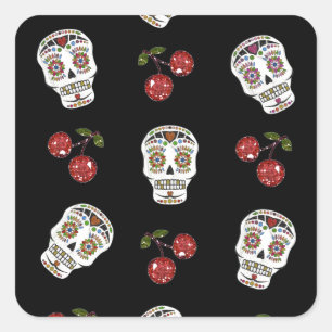 Sticker Carré RAB Rockabilly Sugar Skulls Cerises Sur Fond Noir
